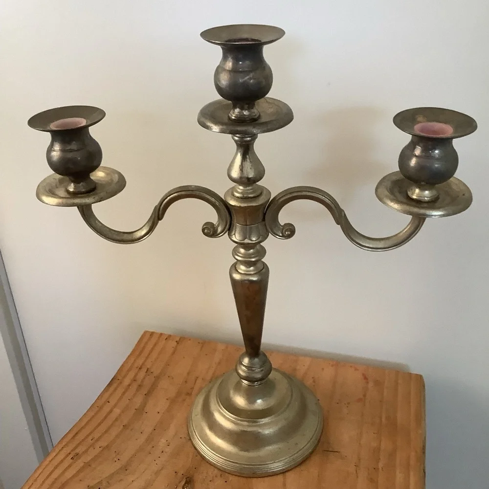 Vintage Antique Large 3 Arm Silvertone Brass Candelabra Candle Stick Ornate